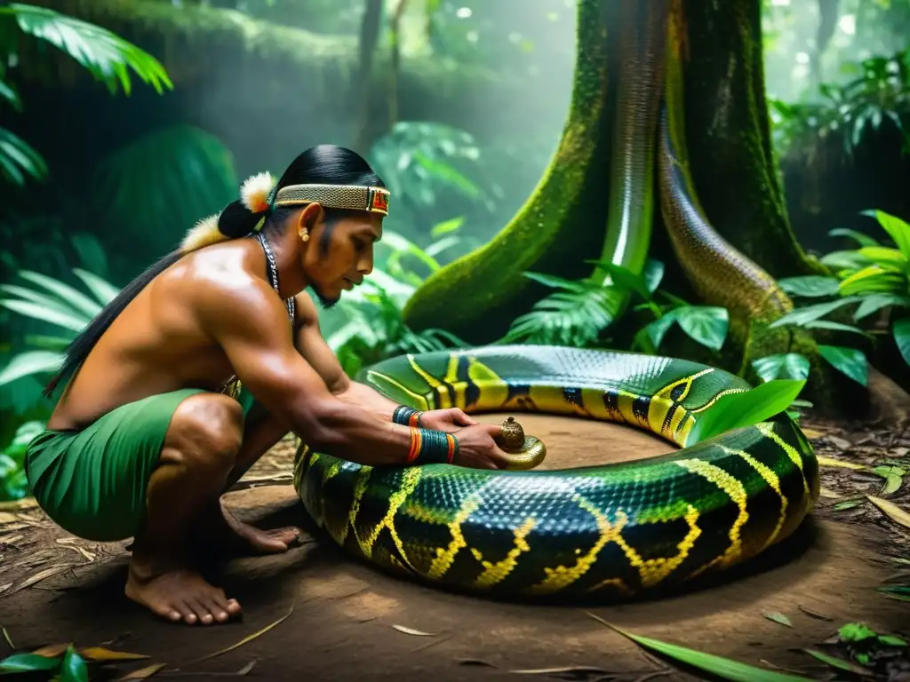 Un chamán indígena realiza un ritual con una anaconda en la selva amazónica