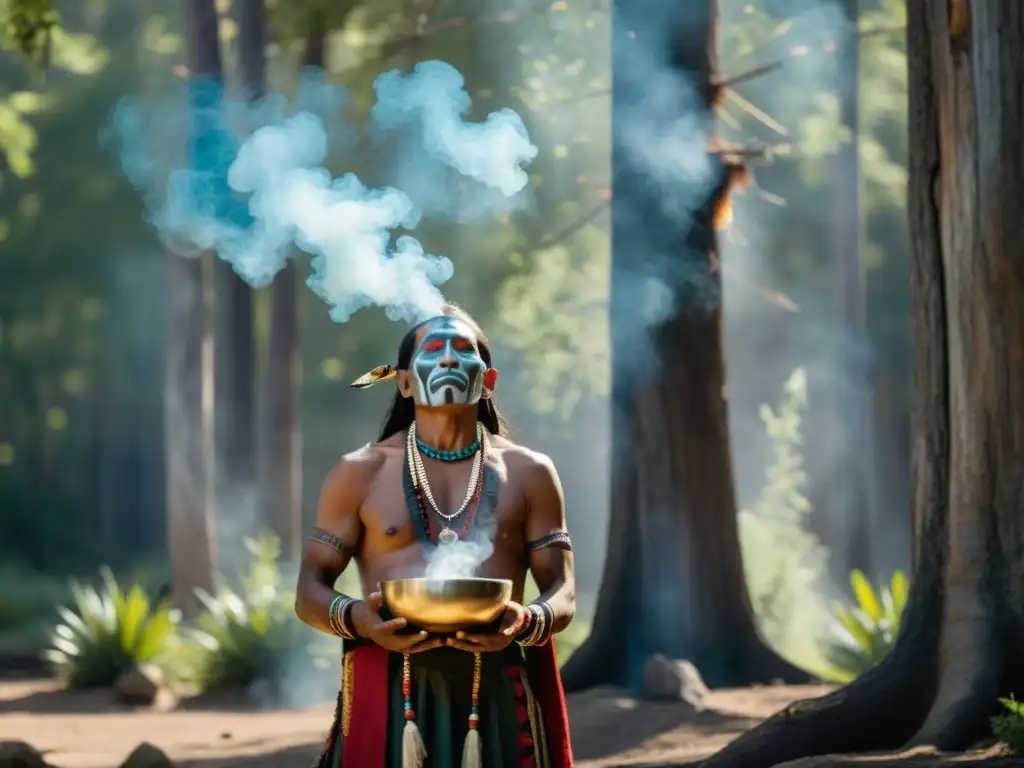 Un chamán indígena celebra un ritual en el bosque, preservando tradiciones ancestrales