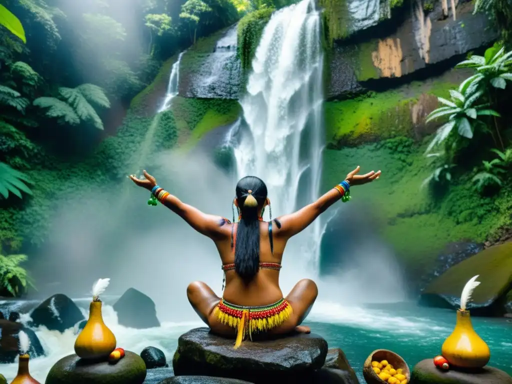 Un chamán indígena realiza un ritual de purificación en una cascada, con atuendo ceremonial y pintura corporal, rodeado de exuberante selva