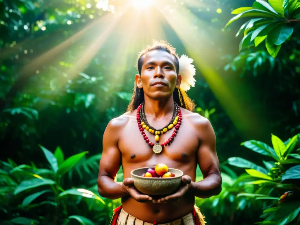 Un chamán indígena realiza un ritual en la selva amazónica, rodeado de frutas camu camu