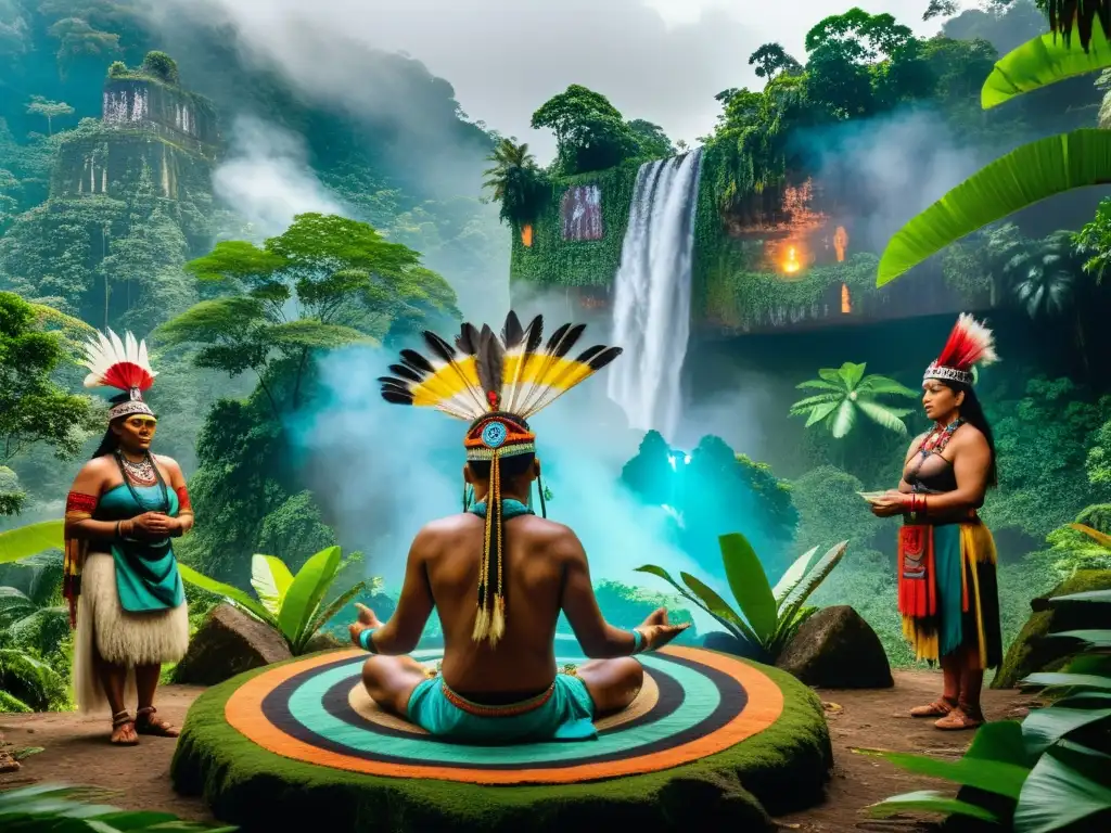 Un chamán indígena realiza un ritual en la selva mientras observadores usan realidad aumentada