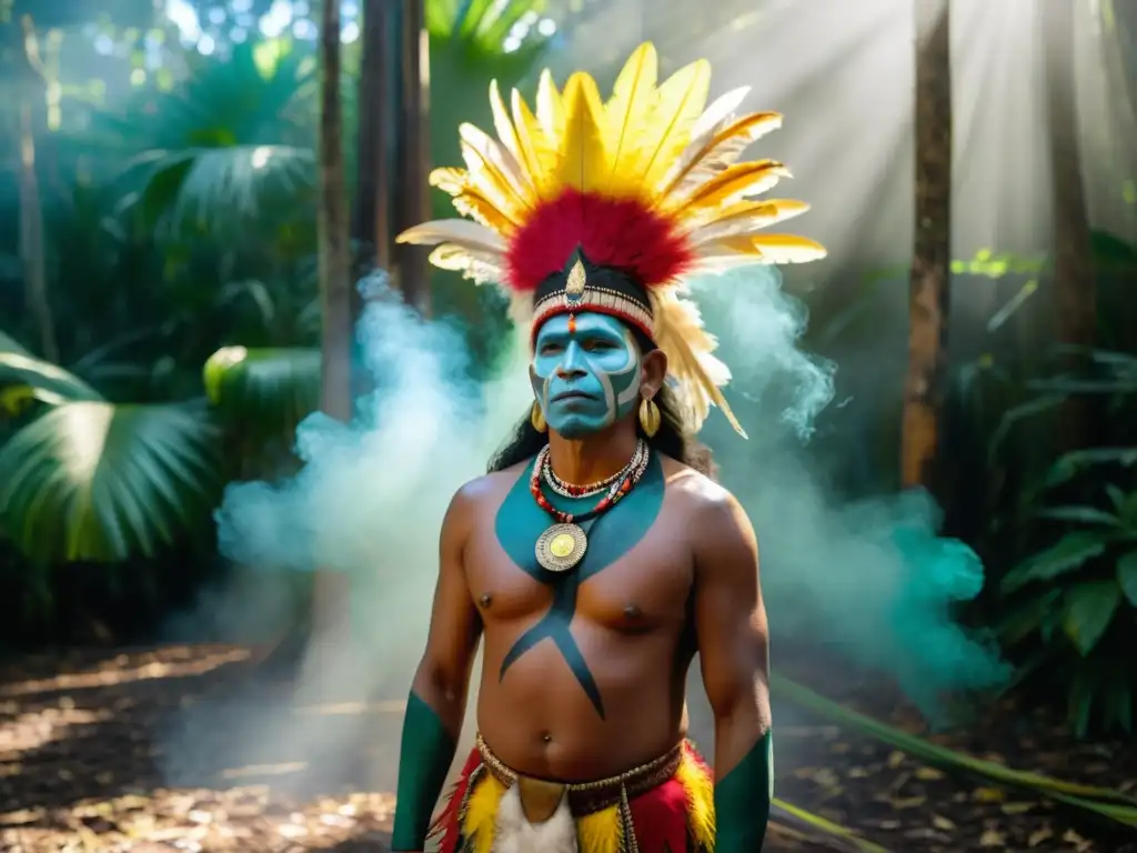 Un chamán indígena realiza un ritual en la selva, rodeado de comunidad en atuendos tradicionales