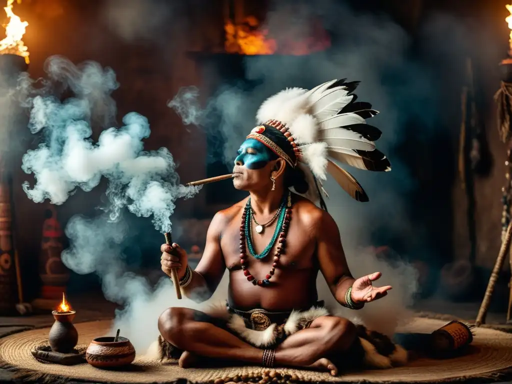 Un chamán indígena realiza un ritual de tabaco sagrado en un entorno atmosférico, rodeado de humo y artefactos tradicionales