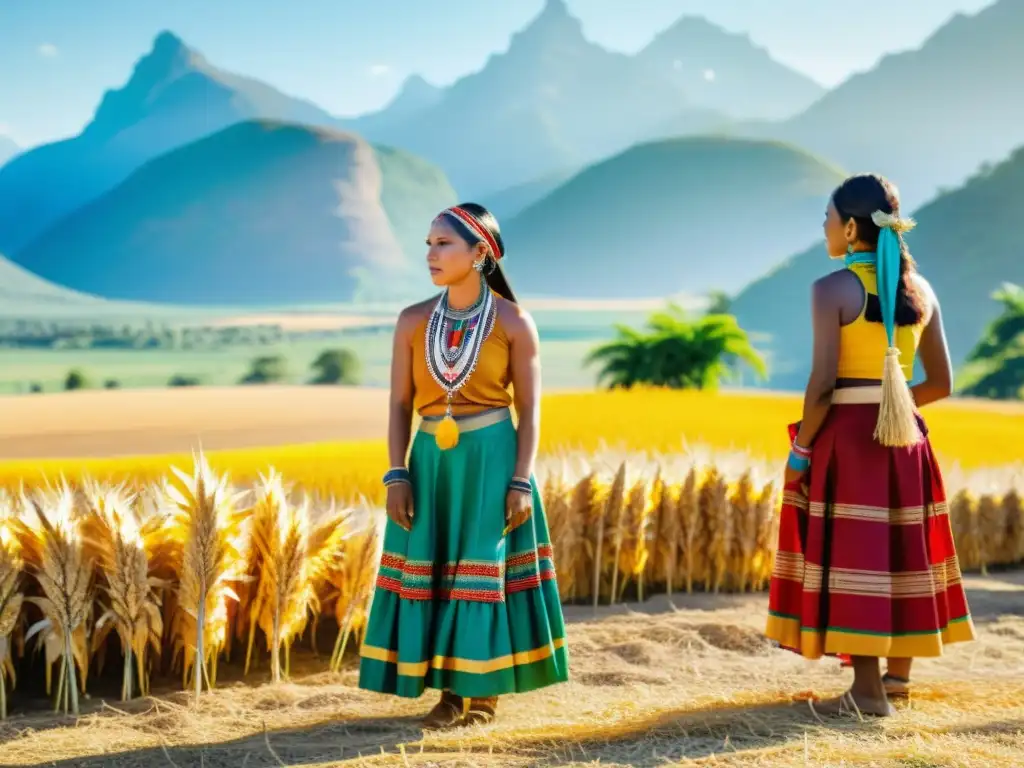 Indígenas en atuendos tradicionales realizan un ritual de cosecha en un campo soleado, mostrando una escena culturalmente rica