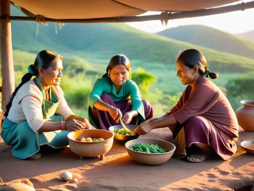 Indígenas preparando un festín ancestral alrededor de la hoguera
