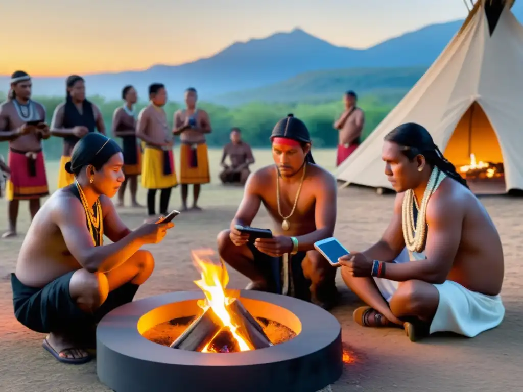 Indígenas realizan ritual alrededor del fuego con dispositivos electrónicos, fusionando tradición y tecnología