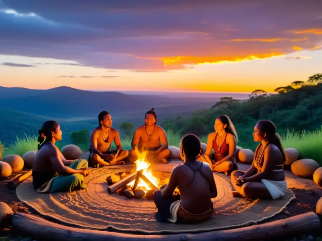 Indígenas realizan rituales ancestrales para sanación moderna alrededor del fuego en la selva al atardecer