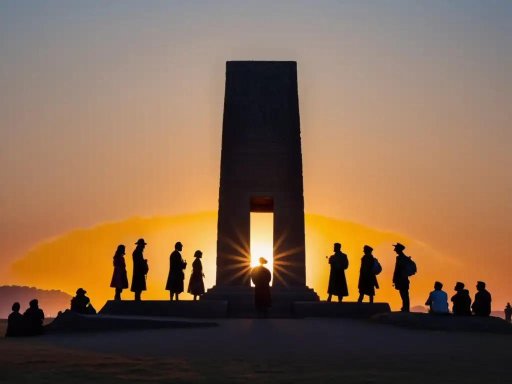 Influencia cultural de rituales astronómicos: Personas reunidas alrededor de un monumento de piedra al amanecer, participando en un ritual ancestral