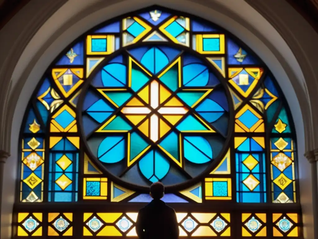 Influencia de la geometría sagrada: Fotografía de una impresionante vidriera en una catedral histórica, con patrones geométricos y colores vibrantes que juegan con la luz y la sombra, creando un símbolo espiritual hipnótico