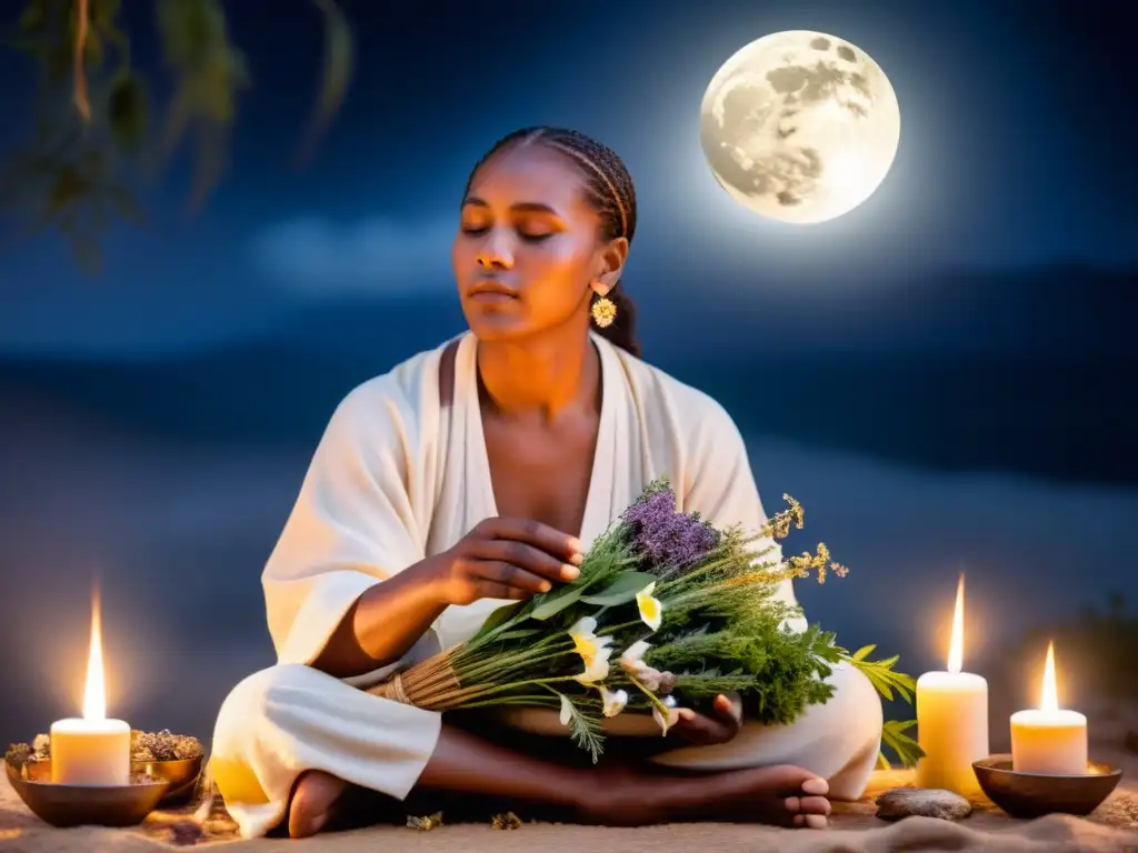 Influencia lunar en rituales de curación: sanación espiritual en la noche, con velas y humo de hierbas aromáticas bajo la luna llena