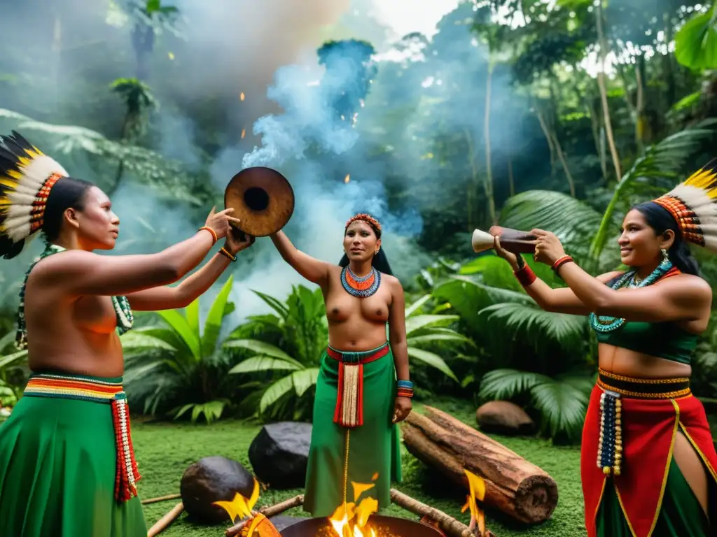 Videografía inmersiva de rituales culturales: Indígenas realizan un ritual en la exuberante selva, rodeados de flora y fauna