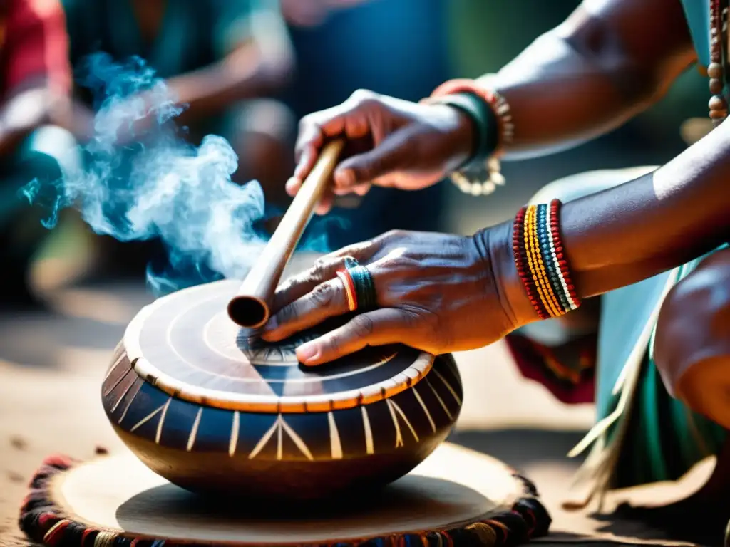 Un chamán toca un instrumento sagrado en un ritual indígena, resaltando la esencia espiritual