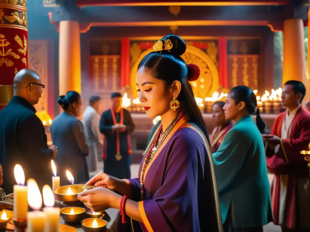 Integración inteligente de IA en rituales: Grupo diverso en ritual con chamán y ornamentos tradicionales en templo iluminado por velas