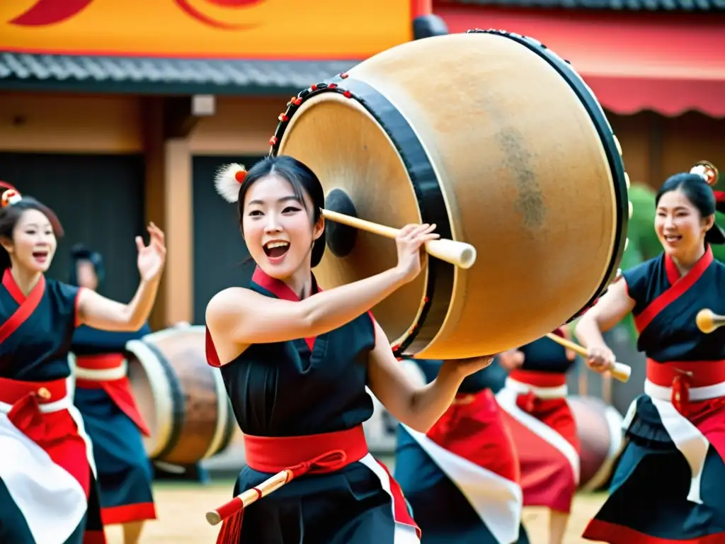 Intensa actuación de tambores japoneses en vibrante festival, con coloridos trajes tradicionales y entusiasta multitud