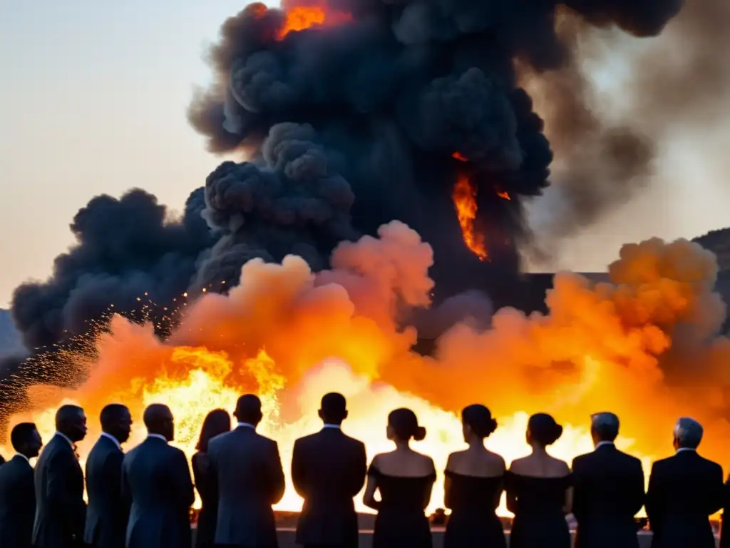 Intensa cremación simbolismos ceremonias, llamas vibrantes, rostros de luto, humo ascendente