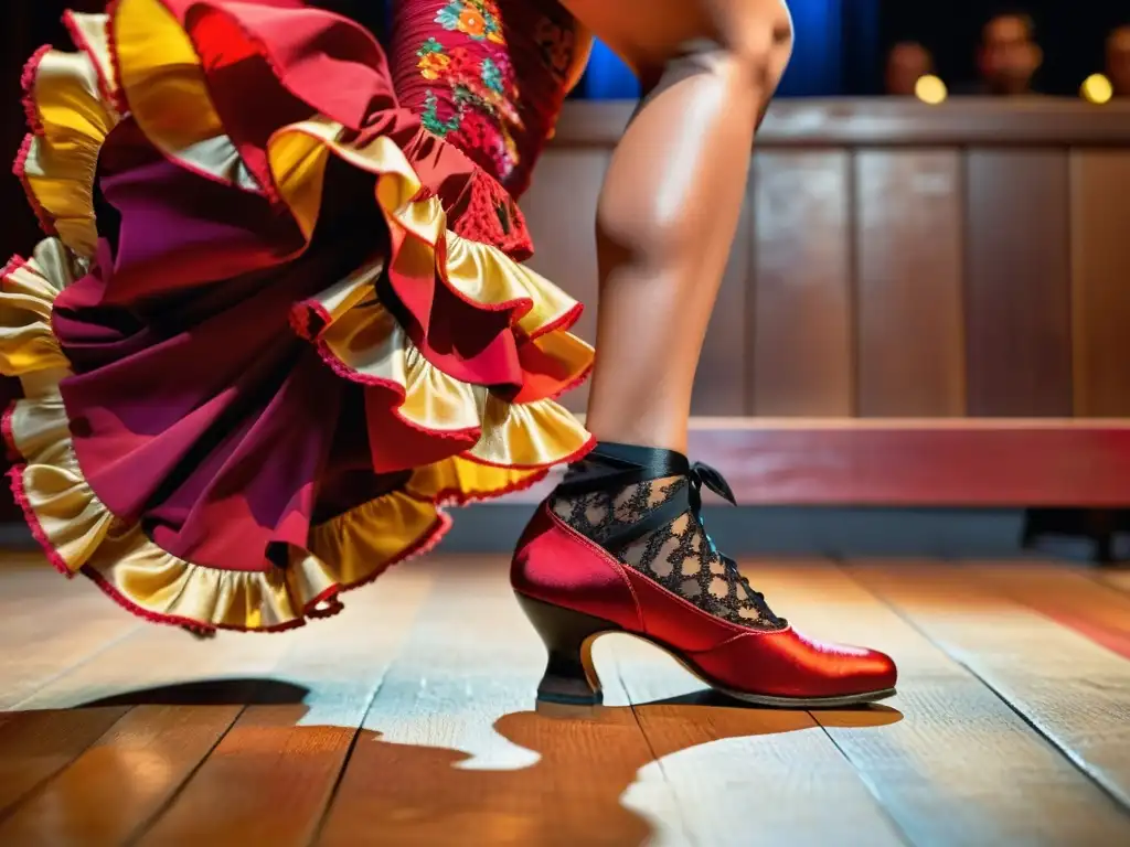 Un intenso primer plano de los pies de una bailaora de flamenco, con zapatos de baile tradicionales, enérgicos y coloridos, en un escenario de madera