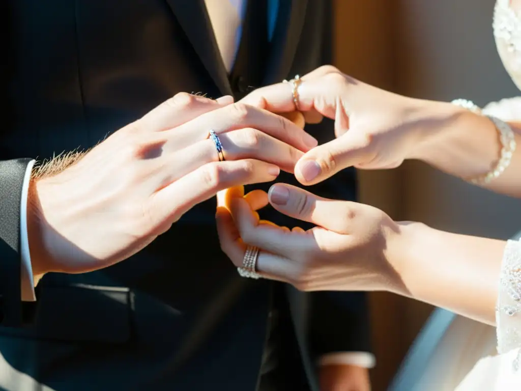 Intercambio de anillos de boda: Detalles de manos de novios intercambiando anillos, simbolizando compromiso e intimidad