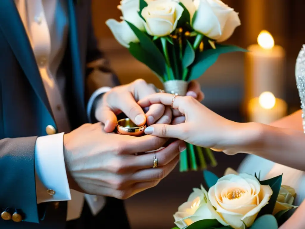 Un intercambio de anillos de boda lleno de significado, capturando la conexión emocional entre la pareja en un momento romántico