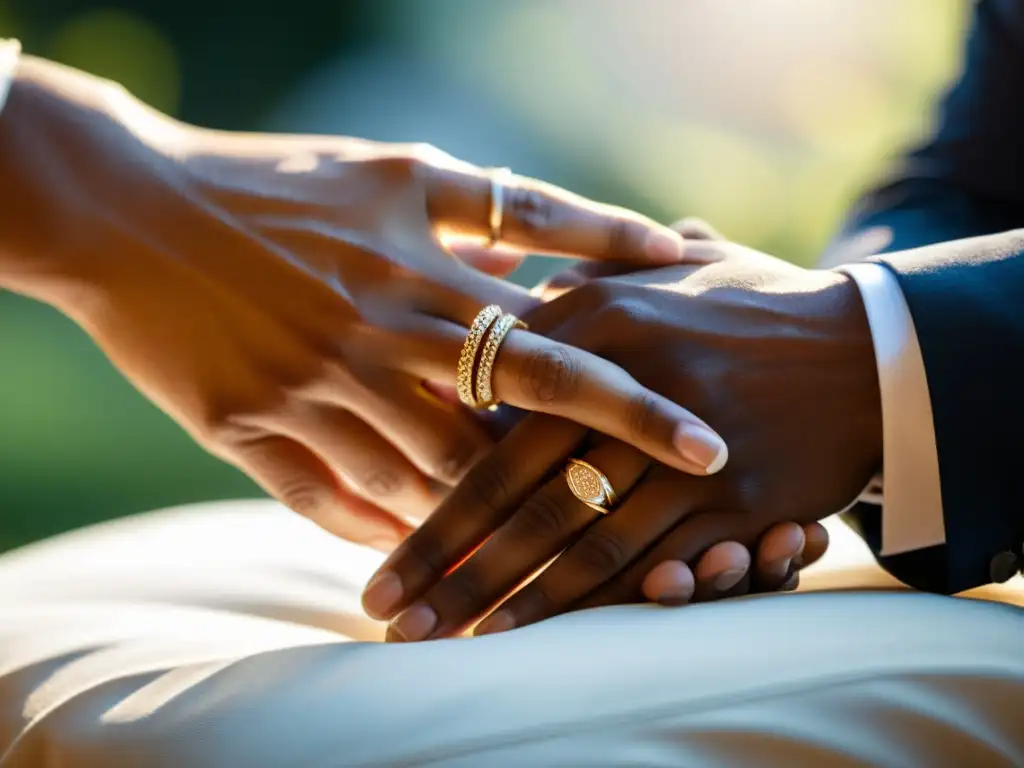 Intercambio de anillos de boda en manos entrelazadas, simbolizando el significado y simbolismo del matrimonio cristiano