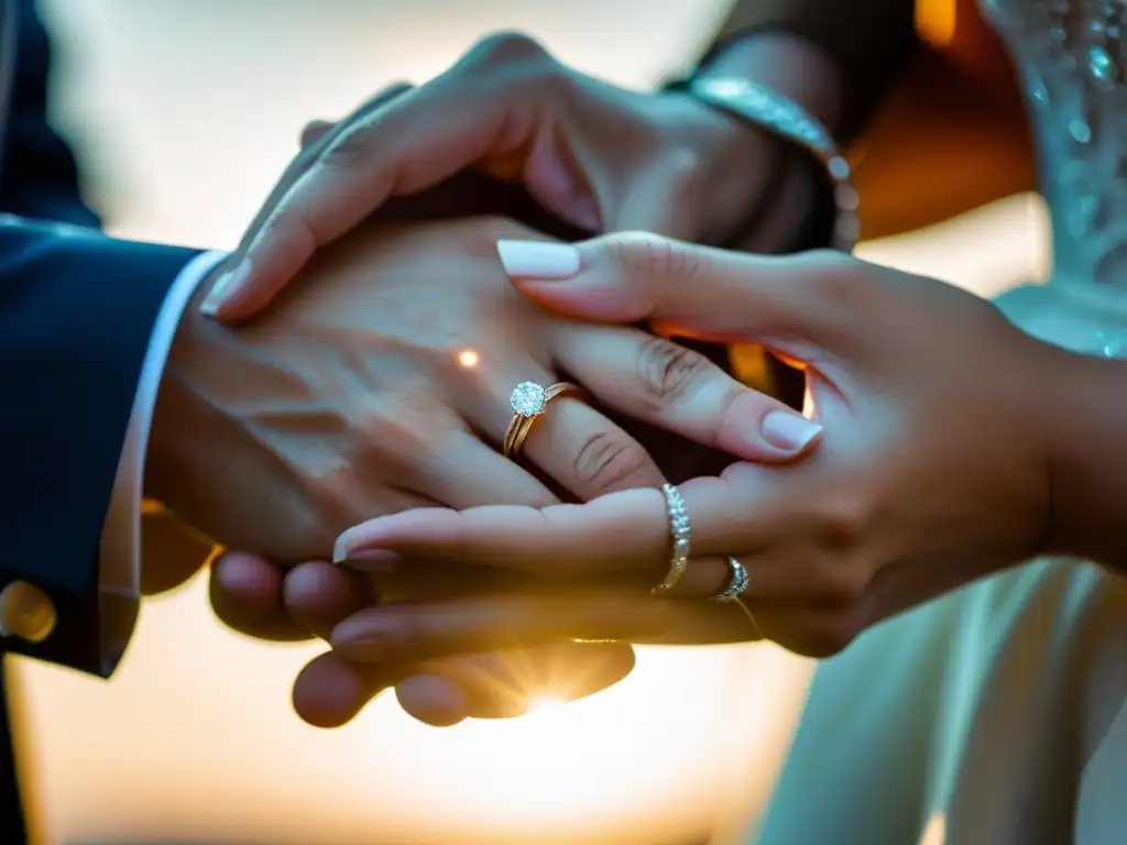 Intercambio de anillos de boda con significado, manos entrelazadas, detalles nítidos y emociones iluminadas