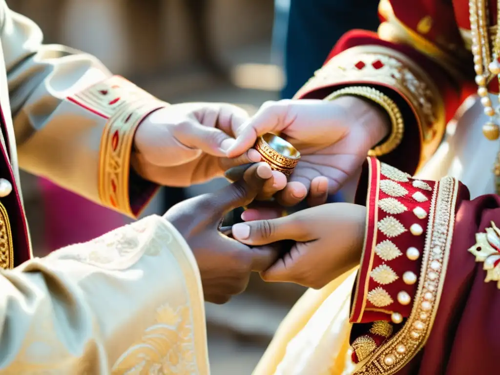 Intercambio de anillos en ritual matrimonial con significado joyería en rituales matrimoniales en una aldea rural, con detalles y emociones delicadas