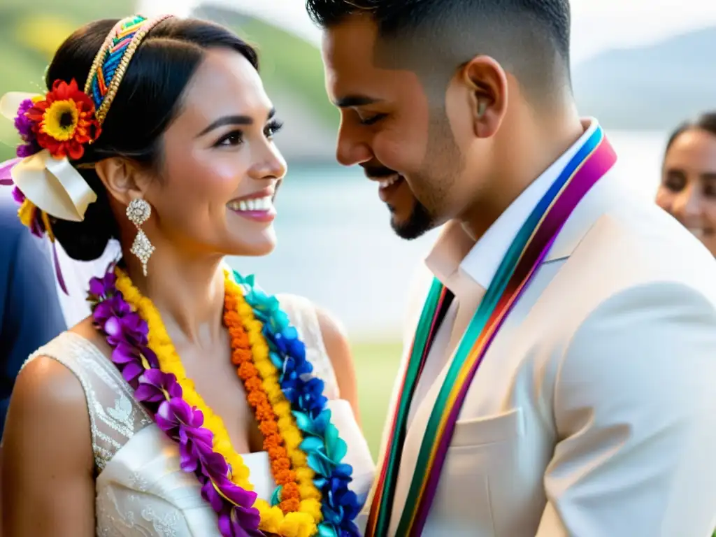 Intercambio de votos con lasso floral en boda latinoamericana, rodeados de seres queridos