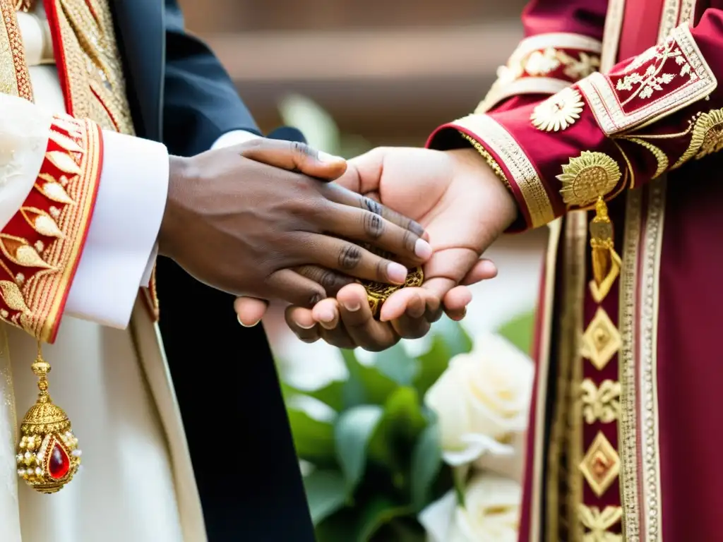 Un intercambio de votos matrimoniales entre manos de distintas culturas, reflejando la importancia de los rituales en el matrimonio