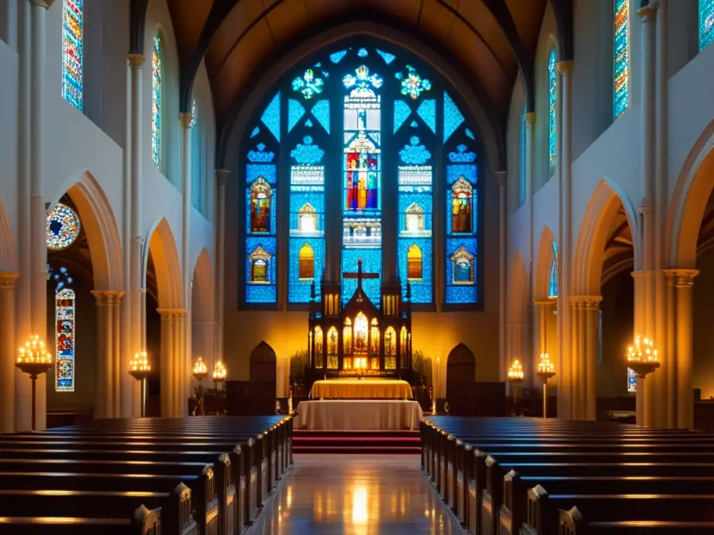 Interior de catedral del siglo XIX: vitrales, altar y luz de velas