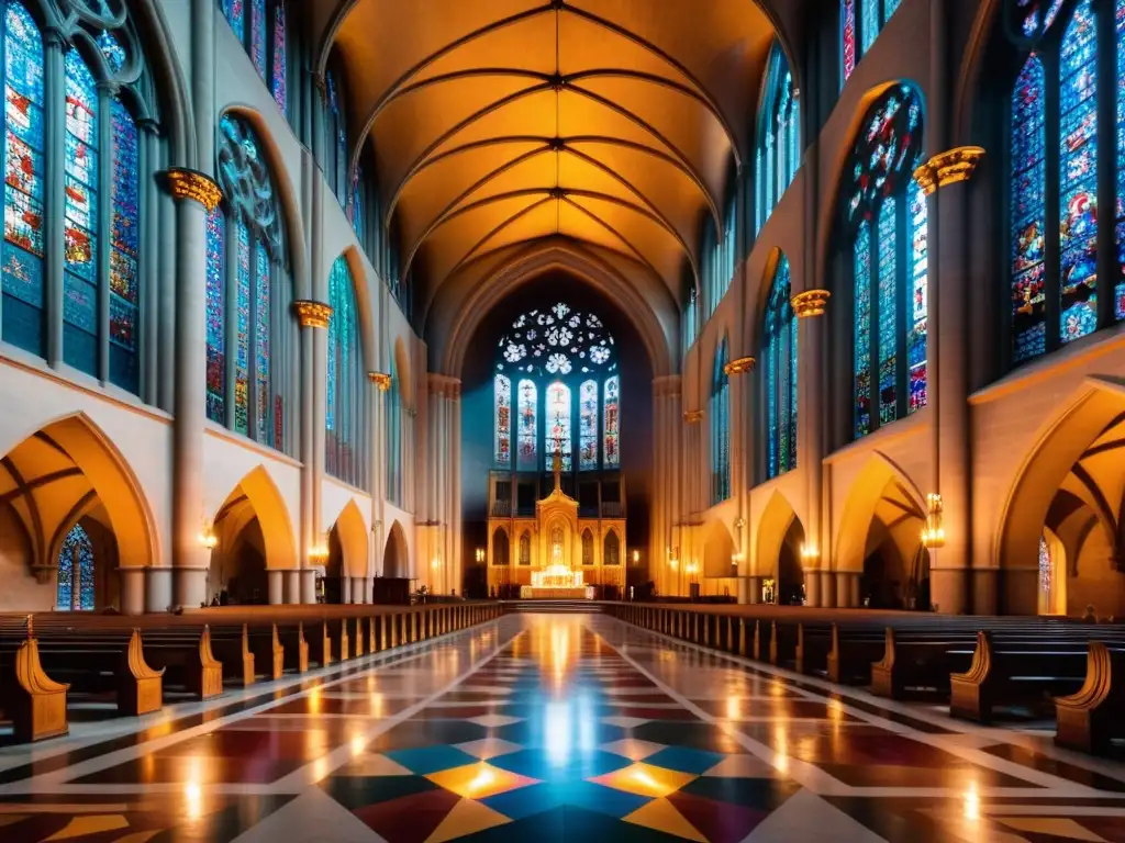 Interior de catedral con vitrales coloridos, arcos majestuosos y luz de velas, evocando la solemnidad y la Función de rituales religiosos