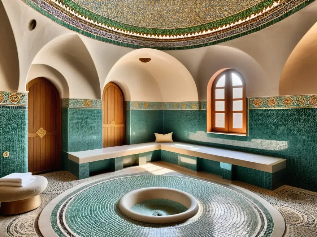 Interior de un hammam turco con mosaicos, mármol y luz natural, evocando rituales de baños turcos tradicionales