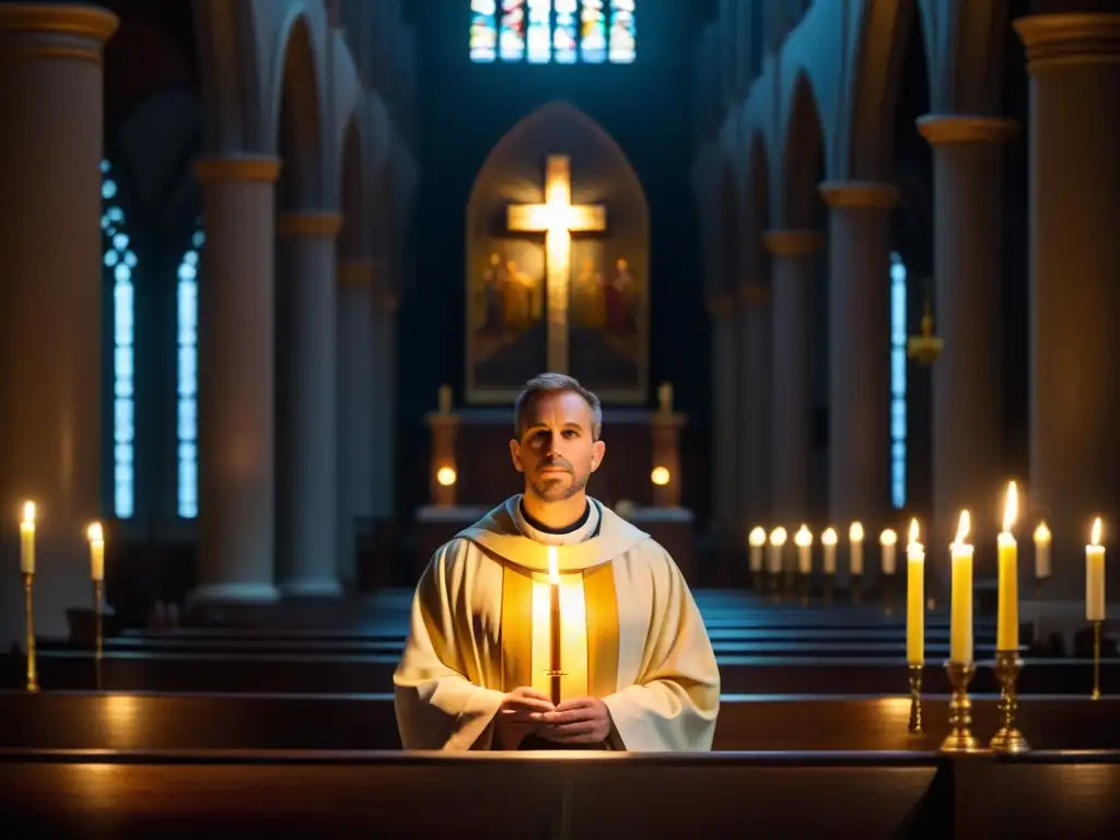 Un interior de iglesia oscurecido durante la Vigilia Pascual, con el sacerdote sosteniendo una vela encendida, iluminando el ambiente con un cálido resplandor dorado