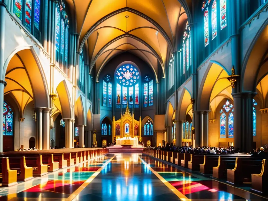 Interior majestuoso de catedral con vitrales vibrantes y altar detallado