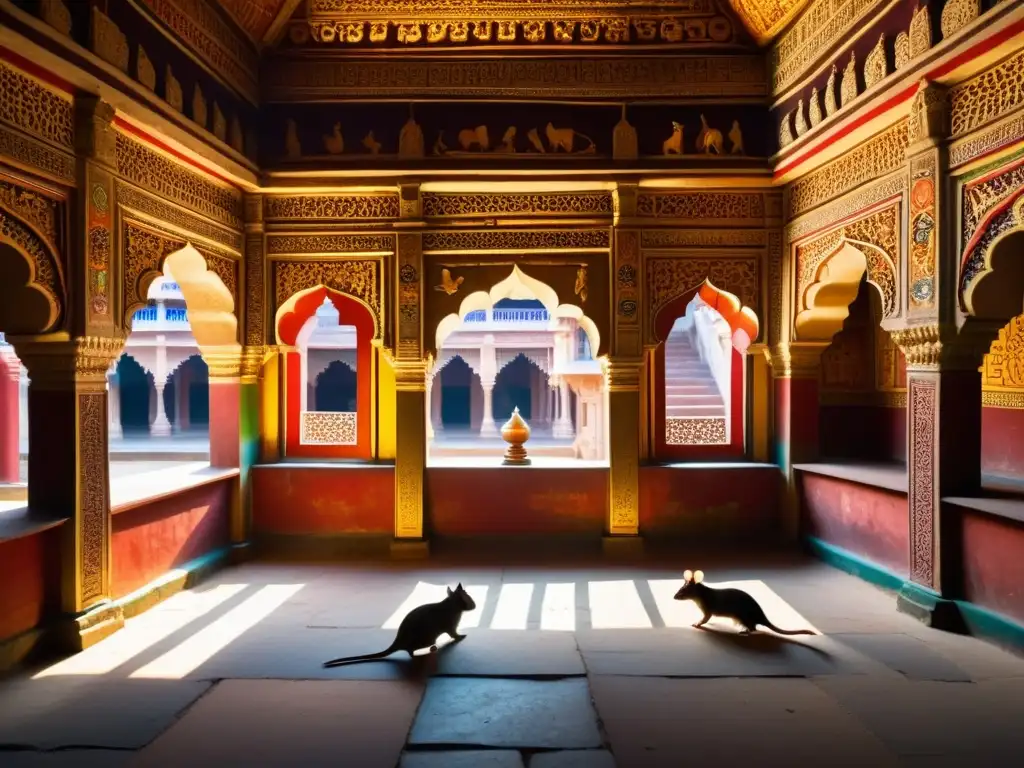 Interior de Templo de Ratones en India, con arquitectura detallada, murales hindúes y coexistencia pacífica de ratas y devotos