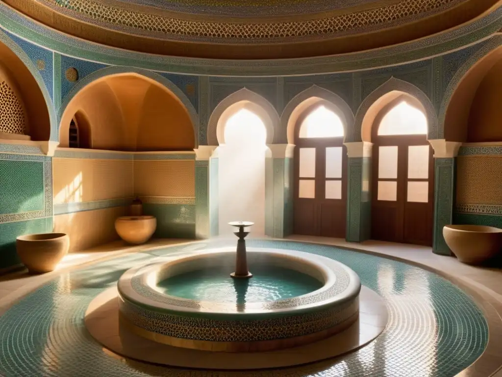 Interior tradicional de hammam con mosaicos, luz natural y rituales de baños turcos tradicionales