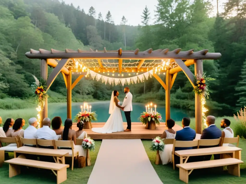 Una íntima ceremonia de matrimonio no binario en un claro de bosque, con una pareja bajo un arco decorado con coloridos listones y tejidos