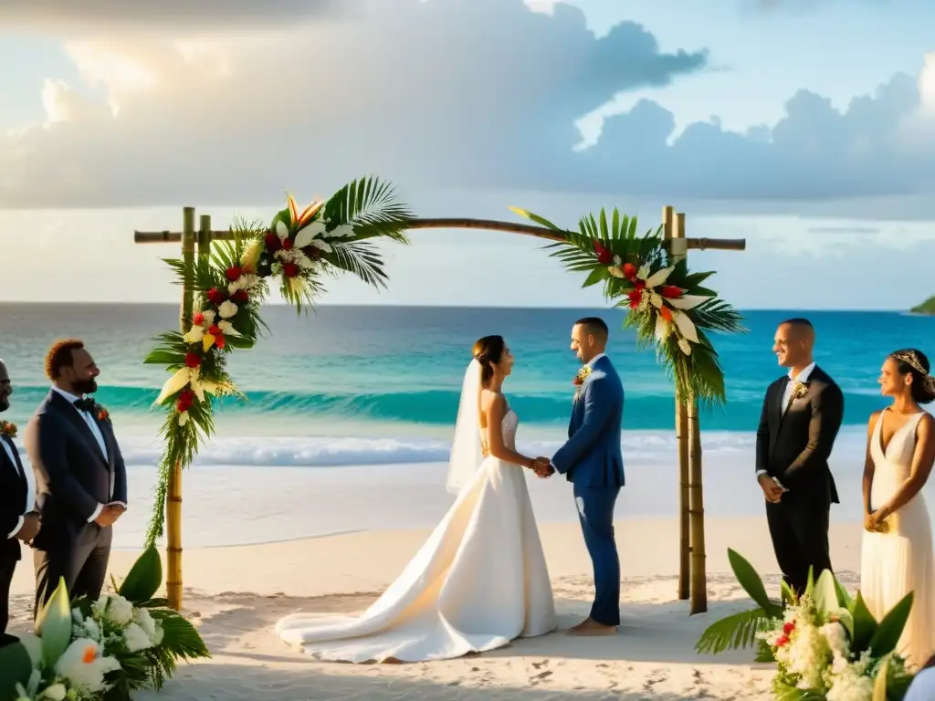 Una íntima y hermosa ceremonia de boda en la playa al atardecer en una isla tropical