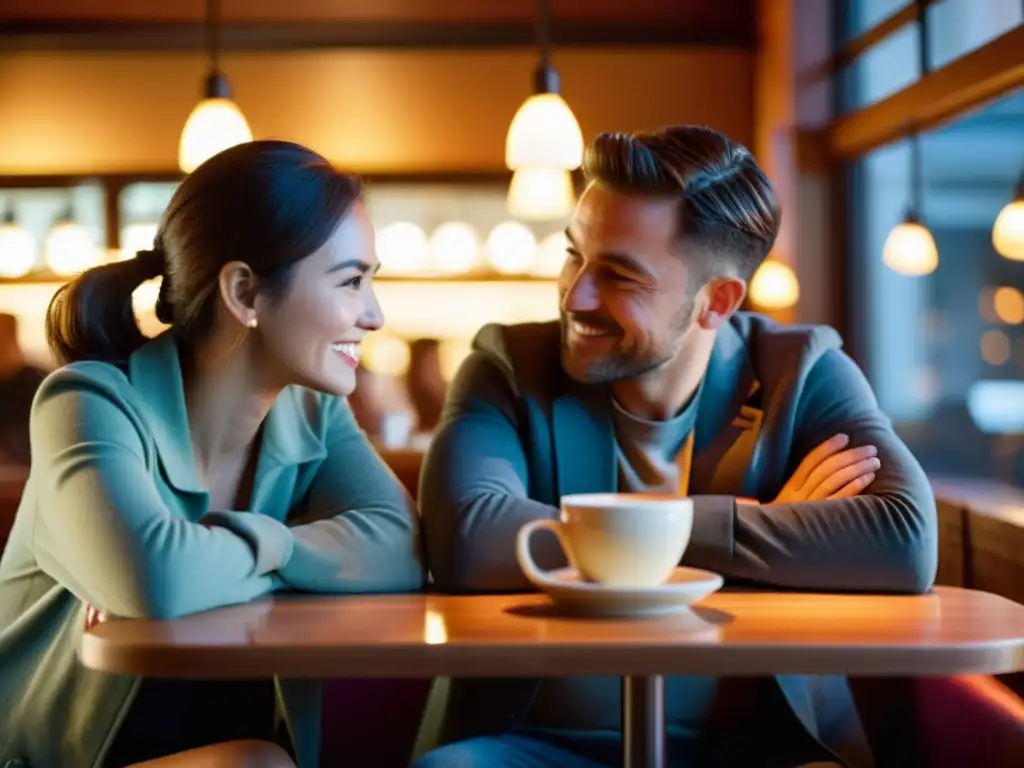 Encuentro íntimo en un café: pareja conectada en una conversación significativa