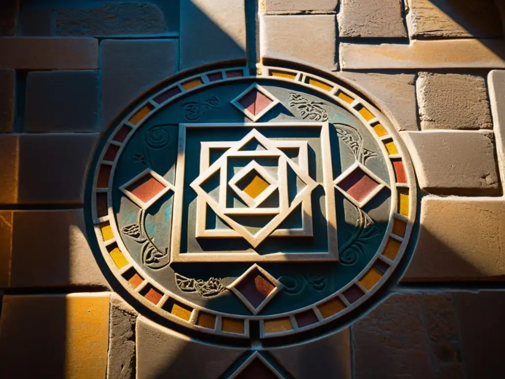 Intrincado laberinto de piedra iluminado por luz solar y vitrales en catedral medieval, evocando la espiritualidad de la geometría sagrada en rituales