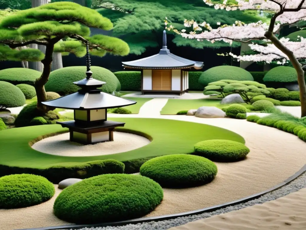 Jardín japonés con pagoda de piedra rodeada de plantas sagradas para jardín meditación, transmitiendo tranquilidad y armonía