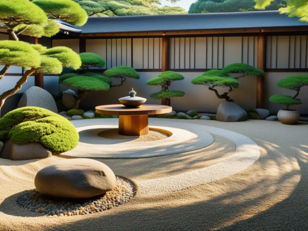 Un jardín zen japonés tradicional bañado por la suave luz del sol