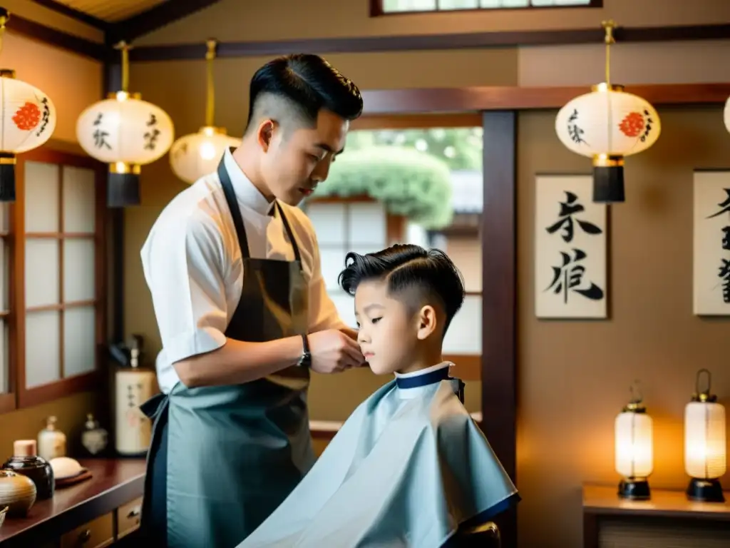 En una barbería japonesa tradicional, un niño recibe su primer corte de pelo, simbolizando su entrada a la adultez y la cultura japonesa