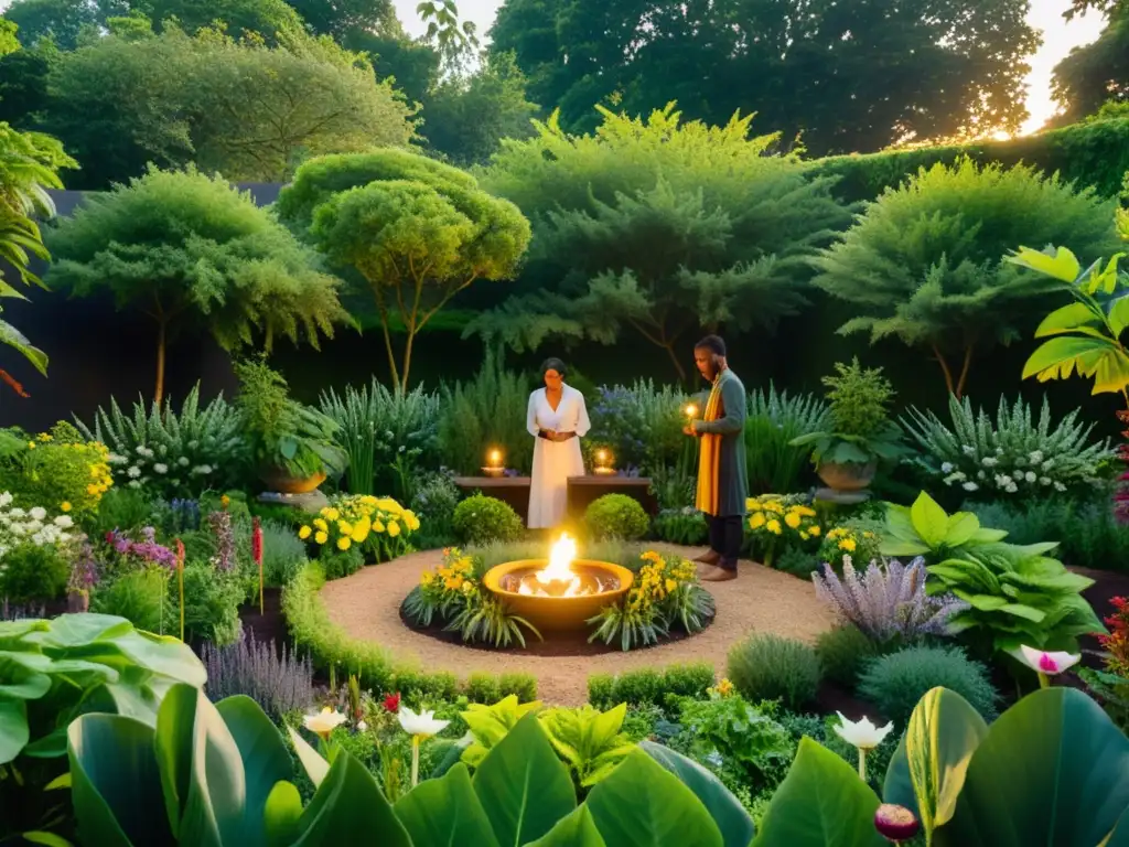 Un jardín exuberante y armonioso, donde se realizan rituales botánicos para armonía