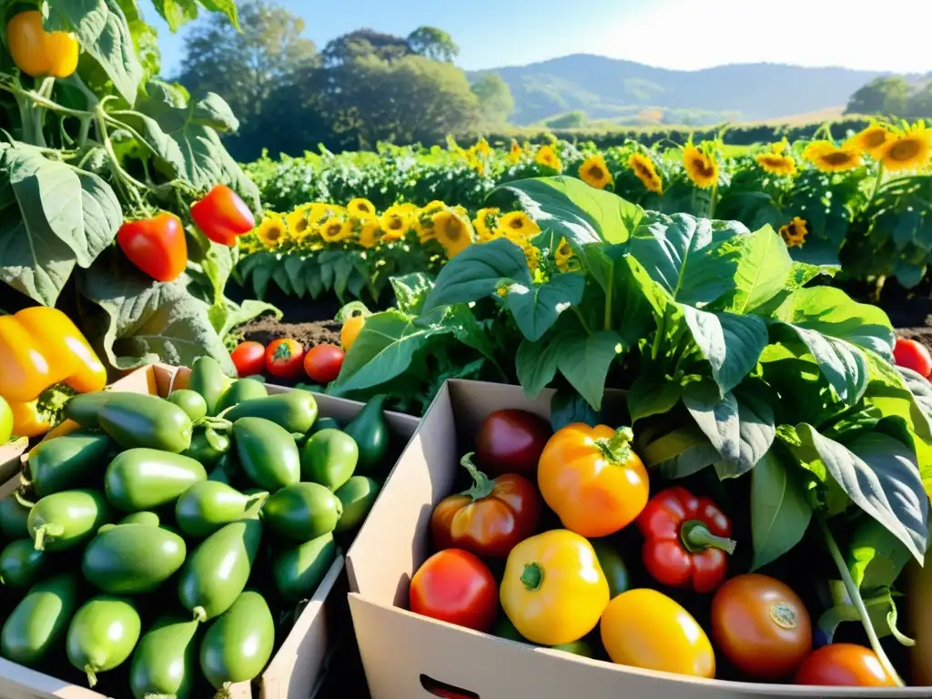 Un jardín exuberante rebosante de frutas y verduras, bañado por la cálida luz del sol