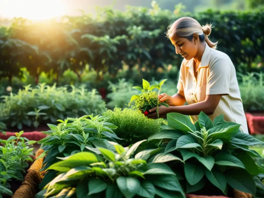 Un jardín de hierbas ayurvédicas exuberante y vibrante con plantas de ashwagandha saludables bañadas en luz dorada, transmitiendo serenidad y conexión a la naturaleza