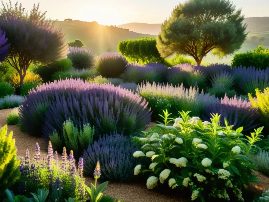 Un jardín de hierbas sereno y exuberante bañado en luz dorada, con etiquetas detalladas de propiedades curativas