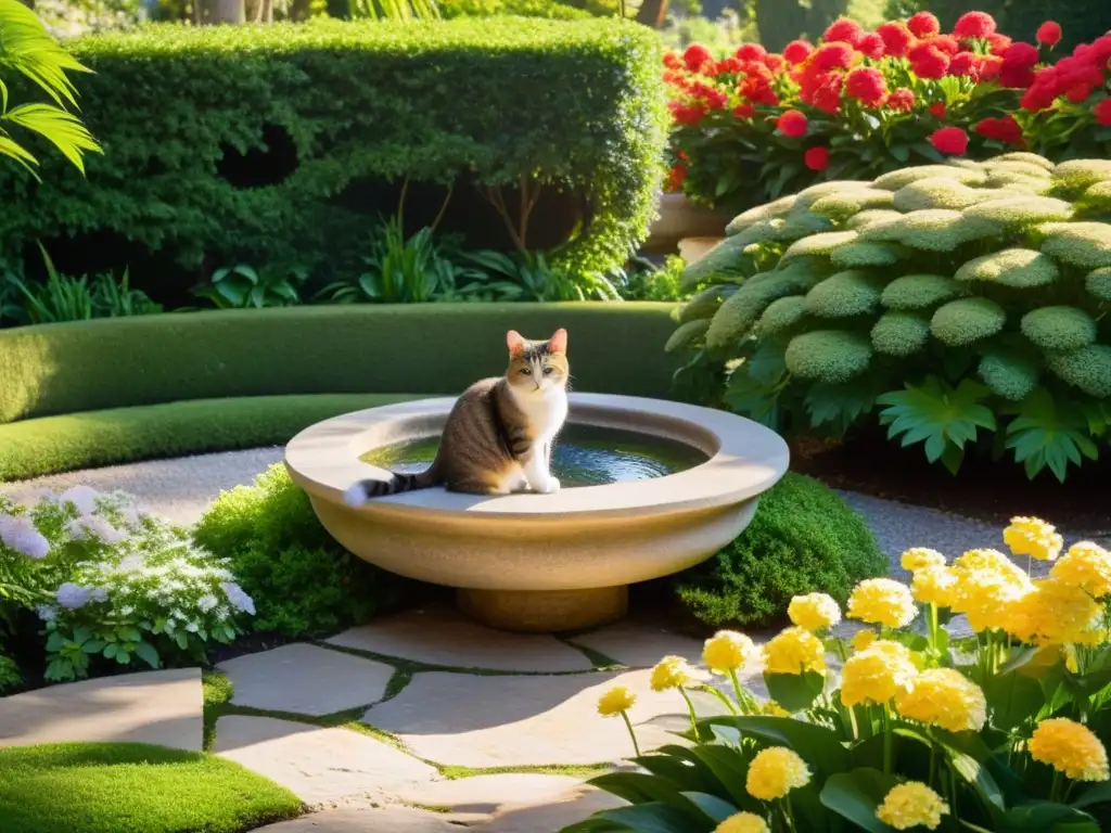 Un jardín sereno con un camino de piedra que conduce a una fuente de piedra rodeada de flores