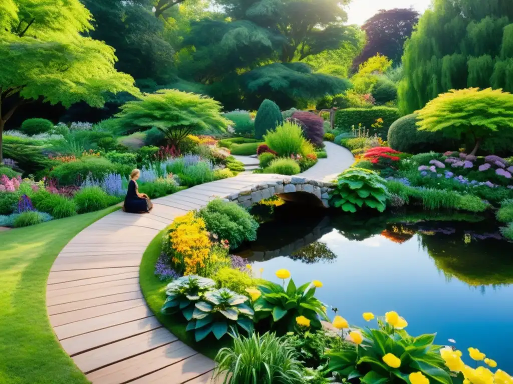 Un jardín sereno y soleado con un camino de piedra serpenteante rodeado de coloridos parterres