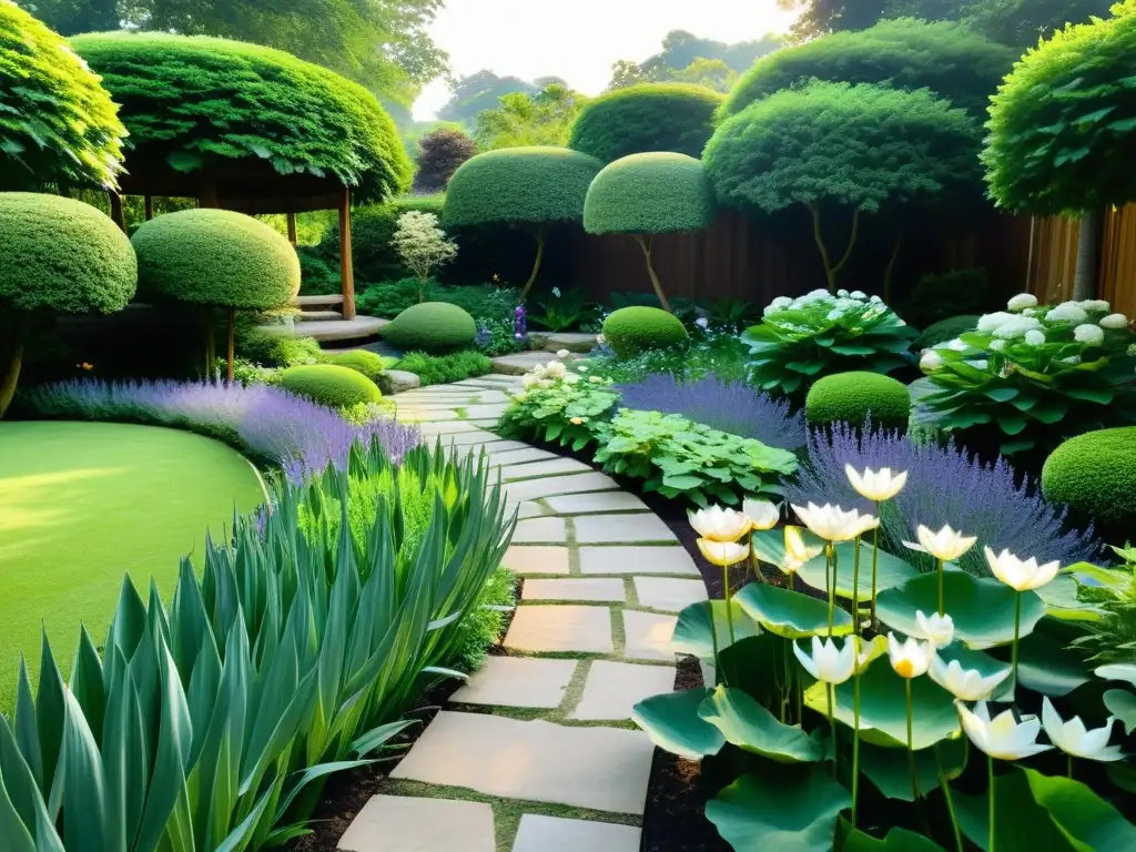 Un jardín sereno y tranquilo con plantas sagradas para jardín meditación, un remanso de paz y armonía espiritual