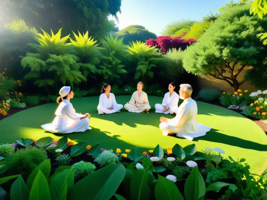 Un jardín vegano exuberante y sereno, con personas meditando en un ritual espiritual