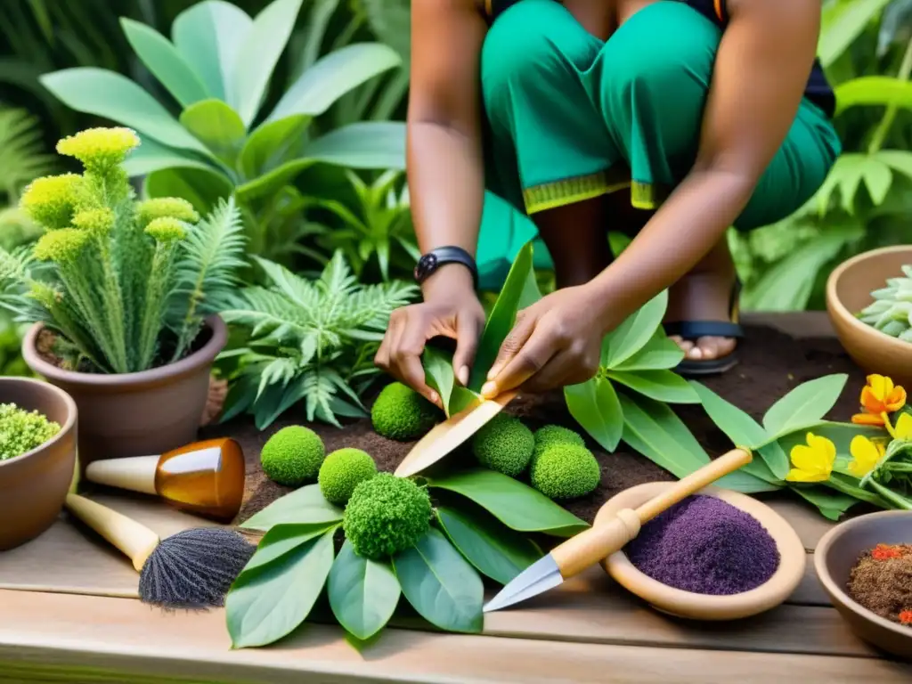 Un jardinero indígena realiza rituales botánicos para armonía en el jardín, rodeado de tradiciones ancestrales y herramientas sagradas